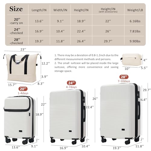 5-Piece White Hardside Luggage Set, Half-Opening Carry-On with Double Spinner Wheels, Lightweight Travel Case, USB Port, TSA Lock - color: White