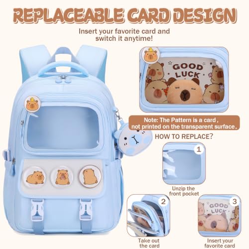 Capybara Rolling Backpack for Girls with Lunch Box & Pencil Case - color: Blue