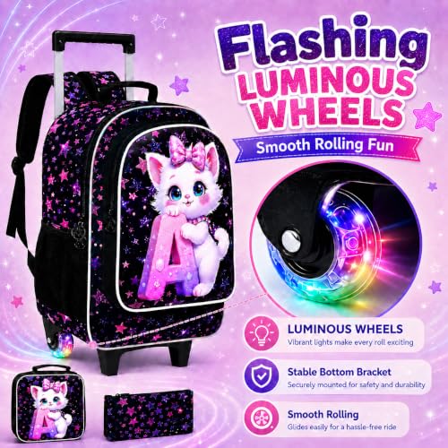 WZLVO 3PCS Kids Backpack with Wheels, 18" Sparkling Cat Print Roller Backpack for Girls with Light-Up Wheels, Includes Matching Lunch Bag & Pencil Bag - Cat Hugging A (Purple) - color: 3PCS Girls Rolling Backpack - Cat Hugging A