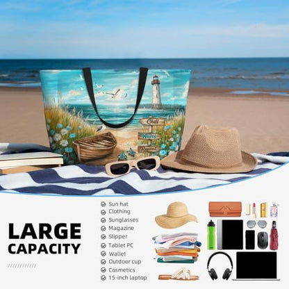 Beach Bag for Women, Large Waterproof Sandproof Tote with Zipper, Foldable Lightweight Swim Bag for Beach Pool Gym - color: Chill. Waves. Repeat.