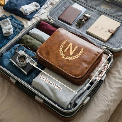 OXYEFEI Personalized Hanging Travel Toiletry Bag Gift for Men,Engraved Initial PU Leather Mens Large Toiletry Travel Essential Organizer Dopp Kit Shaving Bag for Him Birthday (B, Light Brown) - style: B