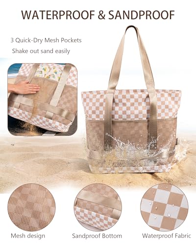 Large Beach Tote Pool Swim Bag for Women Sandproof with Wet Compartment - color: Green Plaid