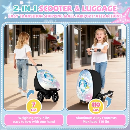 Baotree Scooter Suitcase for Kids, 2 in 1 Ride-on Luggage with Flash PU Wheels, Adjustable Handle & TPR Non-Slip Grip, Foldable & Lightweight, Ages 5-12 - color: Light Blue
