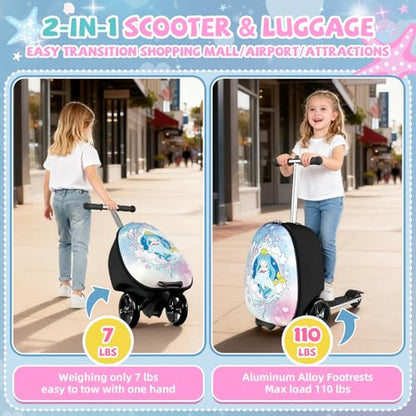 Baotree Scooter Suitcase for Kids, 2 in 1 Ride-on Luggage with Flash PU Wheels, Adjustable Handle & TPR Non-Slip Grip, Foldable & Lightweight, Ages 5-12 - color: Light Blue
