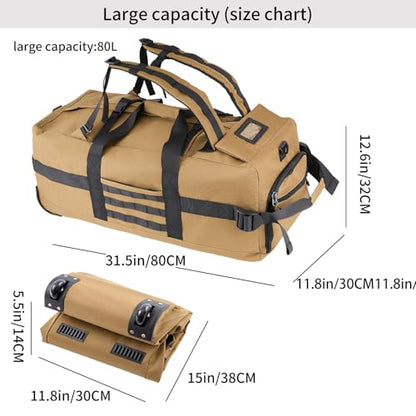 80L Travel Rolling Duffel Bag with wheels, Military Tactical Wheeled Foldable for Deployment Travel Camping Sports - color: Khaki（Adjustable handle）