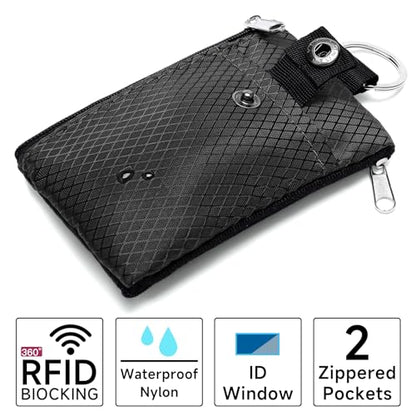 SENDEFN Minimalist Lanyard Keychain Wallet for Women, RFID Blocking WaterResistant Zip Credit Card Holder with ID Window - color: 2-Black