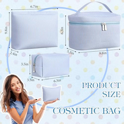 Huhumy 3Pieces Cute Seersucker Makeup Bag Set for Women, Light Blue, Stripe - color: Light Blue, style: Stripe