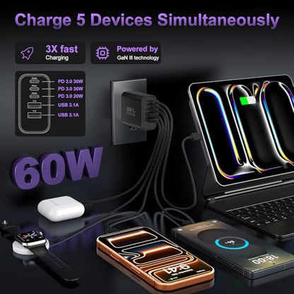 USB C 고속 벽 충전기 블록, 3팩 60W USBC 충전 큐브, 5포트 PD+QC 전원 어댑터 멀티포트 브릭 타입 C 박스 플러그 휴대폰 17/16/15/14/13/12/11/프로 맥스/플러스, 패드 미니/프로/S25/S24-블랙 - color: 블랙-3팩.