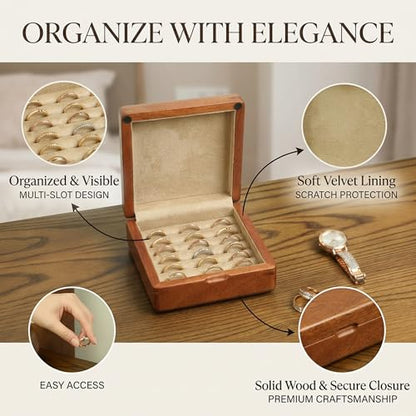 Solid Teak Wood Ring Box, Earring Holder Organizer - color: Khaiki Velvet, size: Small (5"L*5"W*2"H)