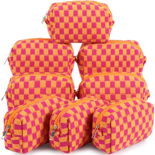 Gilprop 8 Pcs Checkered Makeup Bag Small Cosmetic Pouch Bulk,Red Orange - color: Red Orange
