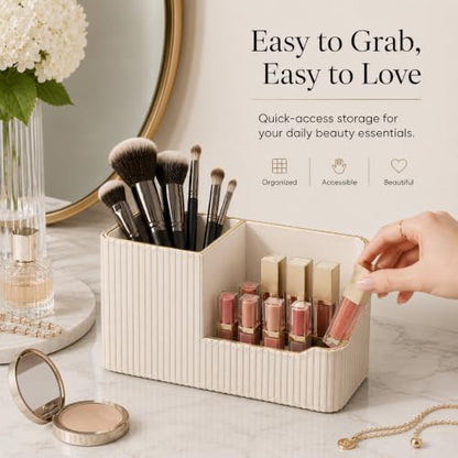 GORESE Leather Makeup Brush Holder with Lipstick Organizer, Beige - color: Beige