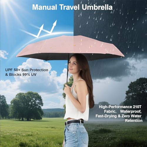Mini Travel Umbrella, UPF 50+ Purse Umbrella with Case and Carabiner - color: Pink