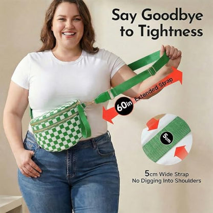 Checkerboard Crossbody Bag for Women, Expandable Plaid Belt Bag Nylon Fanny Pack with Multiple Pockets - color: Kelly Green Checkered