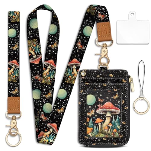 Lanyard Wallet with Id Badge Holder Keychain Card Women Mushroom - color: Mushroom Black