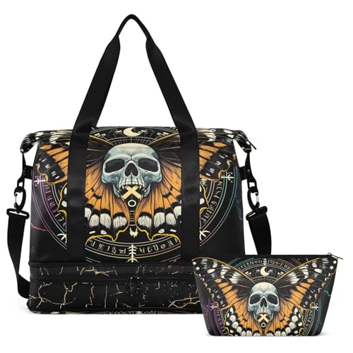 MNSRUU Travel Duffel Tote Bag Mysterious Skull Horoscope Black Gold Marble Stripe Sports with Wet Pocket Weekender Overnight for Women Men Gym Bag, Carry On Hospital Labor & Delivery - color: Skull 12