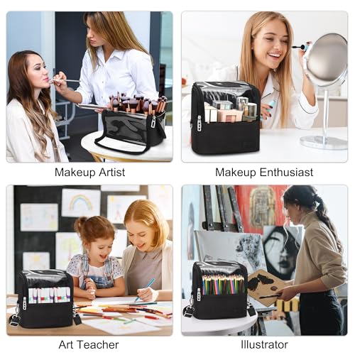 Makeup Brush Bag, Stand-up Makeup Brush Holder with Adjustable Divider - color: A1-Black, size: 1-Large