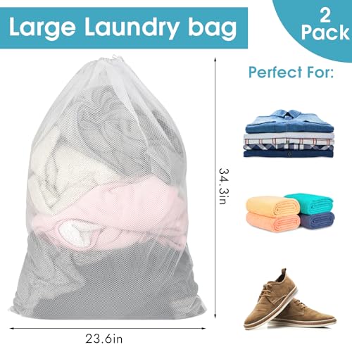 2 Pack Mesh Laundry Bags 23x34 Inch Drawstring Locking for Travel Home - color: White