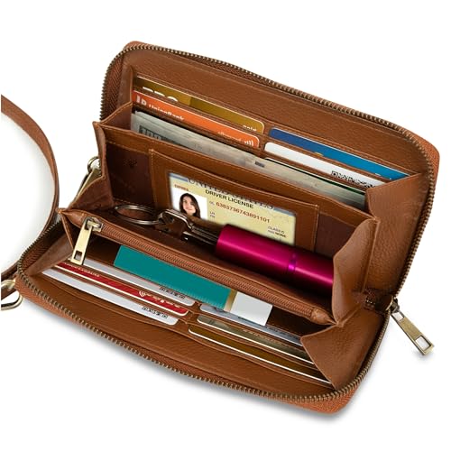 BULL GUARD Crossbody Bag for Women, Leather Phone Wallet Purse with Adjustable Anti Theft Strap & RFID Blocking 12 Card Slots - color: Xtraroom in Rich Mocha Brown