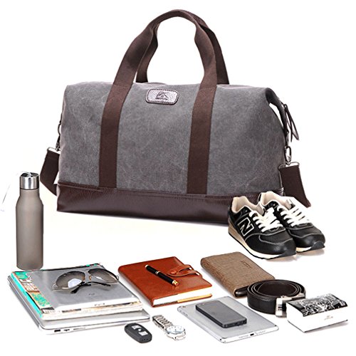 Travel Duffle Bag Canvas Leather Gym Weekend Bag (Grey) - color: Grey