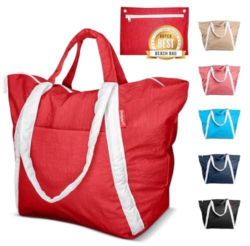 Bodysurf Beach Bag Waterproof Sandproof, Foldable Packable Travel Zip Tote - color: Red, size: Medium