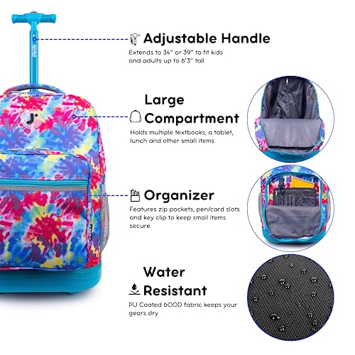 J World Sunrise Kids Rolling Backpack with Wheels for Girls Boys, Roller Bookbag for School, 18 x 13 x 9 Inches, Tie Dye - color: Tie Dye