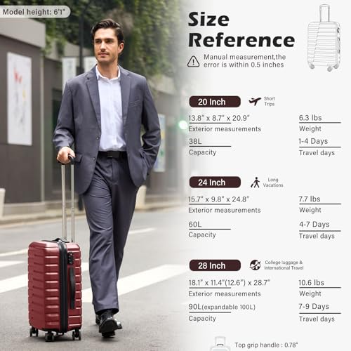 Coolife Lightweight Luggage with TSA Lock,Medium Checked Wine Red - color: Wine Red, size: Medium(24in)