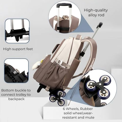 Rolling Backpack with 6 Wheels for Girls Boys, Kids Roller Book Bag for Elementary Middle School Wheeled Bag for Travel with Cute Pendant - color: 6 Wheels-275#grey