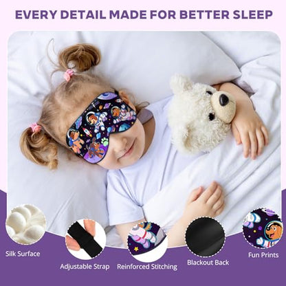 Kids Silk Sleep Mask, 100% Mulberry Silk Eye Mask with Adjustable Strap - color: Space Dog Style