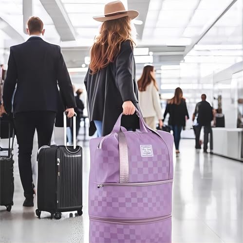 Expandable duffel bag,carry-on large bag with wheels(PURPLE Check) - color: PURPLE