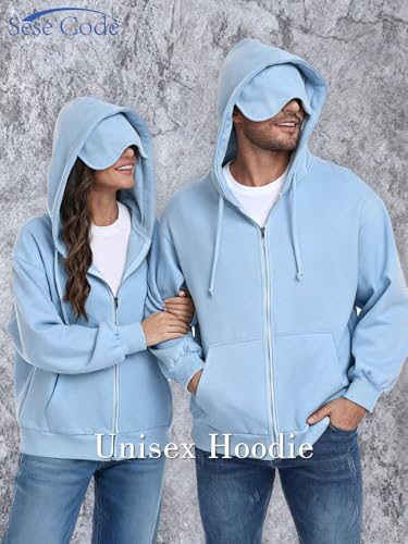 SeSe Code Unisex Zip Up Hoodie With Eye Mask Airplane Mode Travel Hoodies - color: Blue, size: X-Large