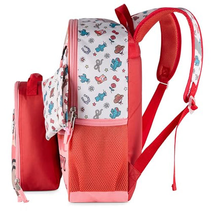 AI ACCESSORY INNOVATIONS Hello Kitty Cowgirl Cute 3 PC Backpack Set for Girls, 16” Book Bag with Diecut Insulated “Boot” Box, & Detachable Reusable Tote Dangle - color: Hello Kitty Cowgirl