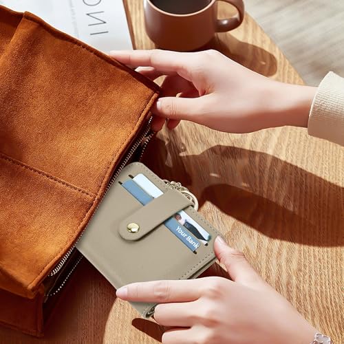 Airkit Small Wallet Women RFID, PU Leather Card Holder with Keychain - color: Khaki