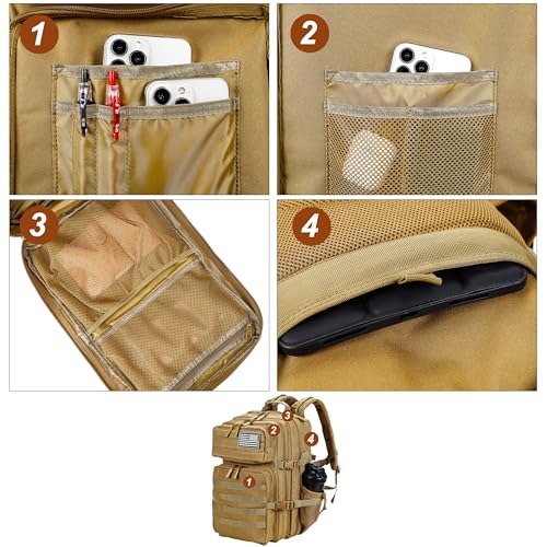 LHI Military Tactical Backpack for Men and Women 45L Army 3 Days Assault Pack Bag Large Rucksack with Molle System Khaki - color: Khaki
