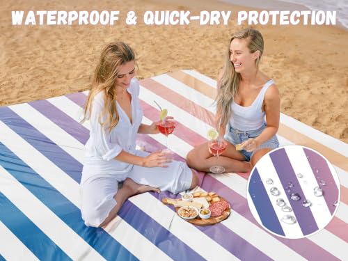 AlphaBeing Beach Blanket Waterproof Sandproof, Extra Large Beach Mat - color: Navy Stripes, size: 79“×83”