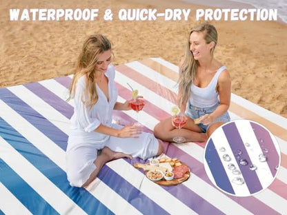 AlphaBeing Beach Blanket Waterproof Sandproof, Extra Large Beach Mat - color: Navy Stripes, size: 79“×83”
