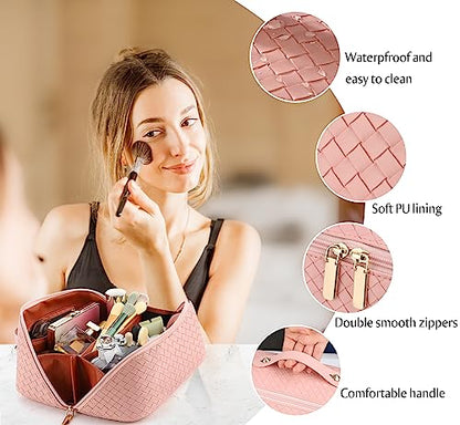 ALEXTINA Travel Makeup Bag, Woven PU Leather Cosmetic Bag, Pink - color: woven-pink, size: Medium