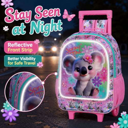 UFNDC 4PCS Rolling Backpack for Girls, Cute Kids Koala Wheeled Bookbag，Roller School Bag with Wheels for Elementary Preschool Travel - color: UV Printing Koala Pink Rolling Backpack