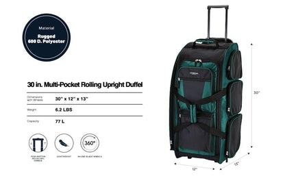 Travelers Club Xpedition 30 Inch Multi-Pocket Upright Rolling Duffel Bag - color: Teal