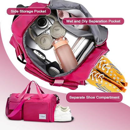 WOOMADA Foldable Travel Duffel Bag with Shoes Compartment, Overnight Bag with Wet Pocket & Trolley Sleeve, Weekender Bags for Women(A-rose red) - color: A-rose red