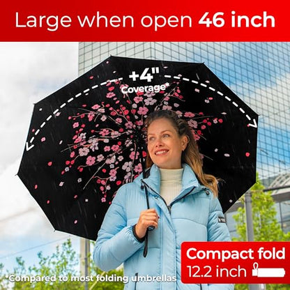 TUMELLA Reverse Folding Windproof Umbrella, Large 46", Strong & Light - color: G. Cherry Blossom