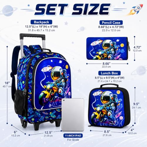 3PCS Rolling Backpack for Girls Boys, Kids Roller Wheeled Bookbag with Lunch Box, Backpacks with Wheels for Elementary - color: Astronaut Blue