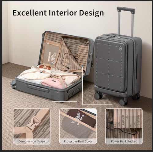 Santino Carry On Luggage 22x14x9 Airline Approved 20 Inch baggage pc Hard Shell Suitcase with Spinner Wheels TSA Lock with USB Port and Cup Holder and phone holder Top Opening Suitcase - color: beige