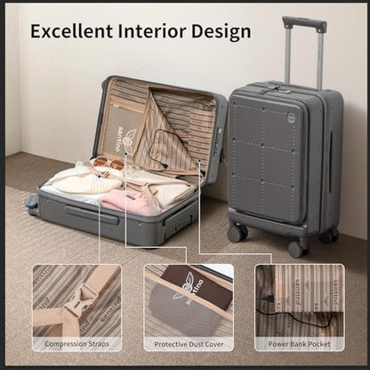 Santino Carry On Luggage 22x14x9 Airline Approved 20 Inch baggage pc Hard Shell Suitcase with Spinner Wheels TSA Lock with USB Port and Cup Holder and phone holder Top Opening Suitcase - color: beige