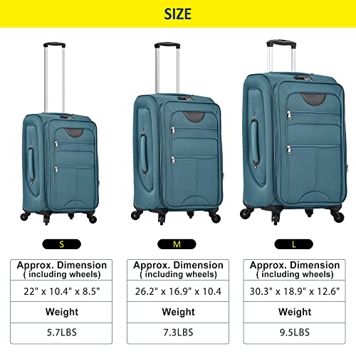 Softside Luggage Expandable 3 Piece Set Suitcase Upright Spinner Softshell Lightweight Luggage Travel Set (Green) - color: Green