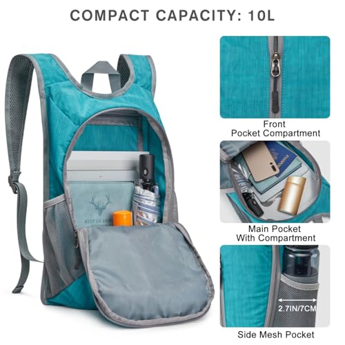 G4Free 10L Hiking Backpack Small Travel Hiking Daypack Lightweight Packable Backpack Casual Foldable Shoulder Bag - color: Peacock Blue