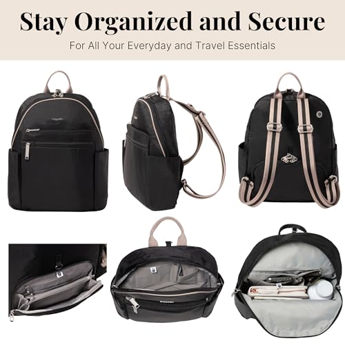 Baggallini Securtex® Anti-theft Vacation Travel Backpack 10x13 Daypack w/Locking Zippers & RFID Wallet Slash-Resistant - color: Black/Neutral