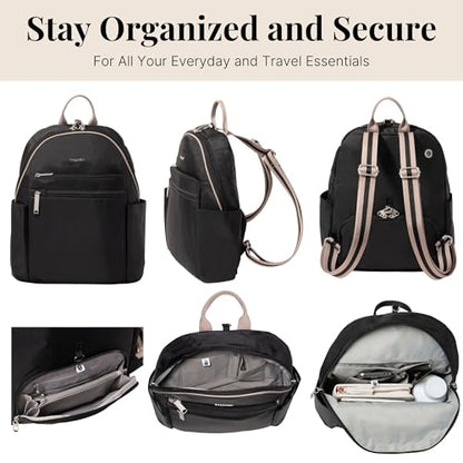 Baggallini Securtex® Anti-theft Vacation Travel Backpack 10x13 Daypack w/Locking Zippers & RFID Wallet Slash-Resistant - color: Black/Neutral