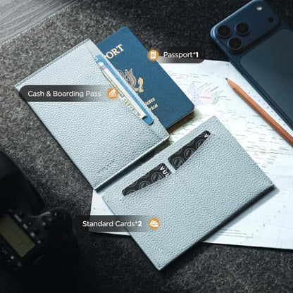VULKIT Passport Cover Ultra Slim Design Leather Passport Sleeve RFID Blocking with 2 Card Slots, Anti-Theft Travel Essentials - color: Grain Airy Blue