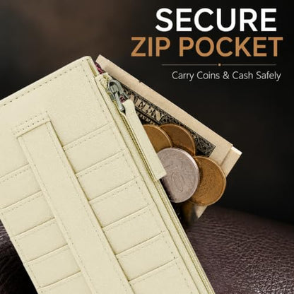 Leatherboss Genuine Leather Women's All in One Credit Business Card Case Holder Slim Zipper Wallet With a Card Protection Strap, Cream - color: Cream