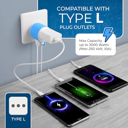 OREI Type L Travel Adapter with Dual USB – Italy, Chile & Uruguay, Blue - style: Type L - Italy